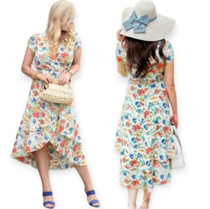 Wayf Oleander Floral Wrap Midi Dress Cream Ruffle Tiered Hem Summer Dress XS